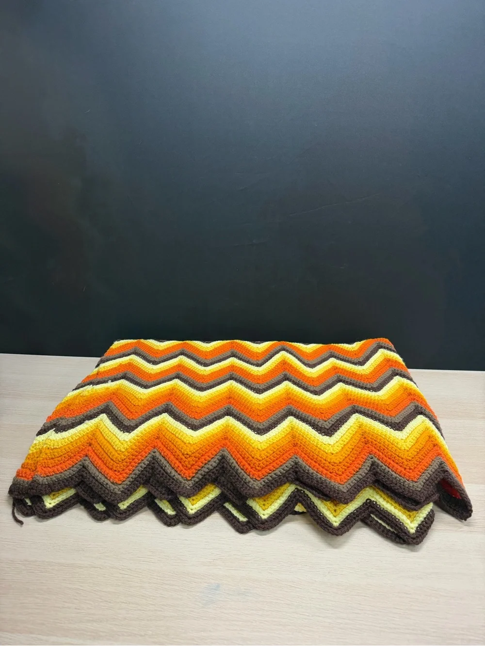 Vintage Handmade Zigzag Chevron afghan blanket autumn fall colors orange76x50